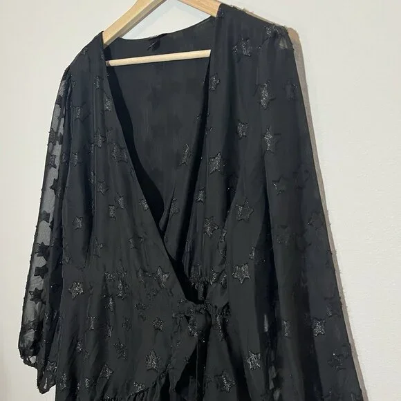 Torrid 2 Top Lurex Star Surplice Ruffle Hem Black Plus Size 2X V Neck Long Slv - Picture 5 of 14